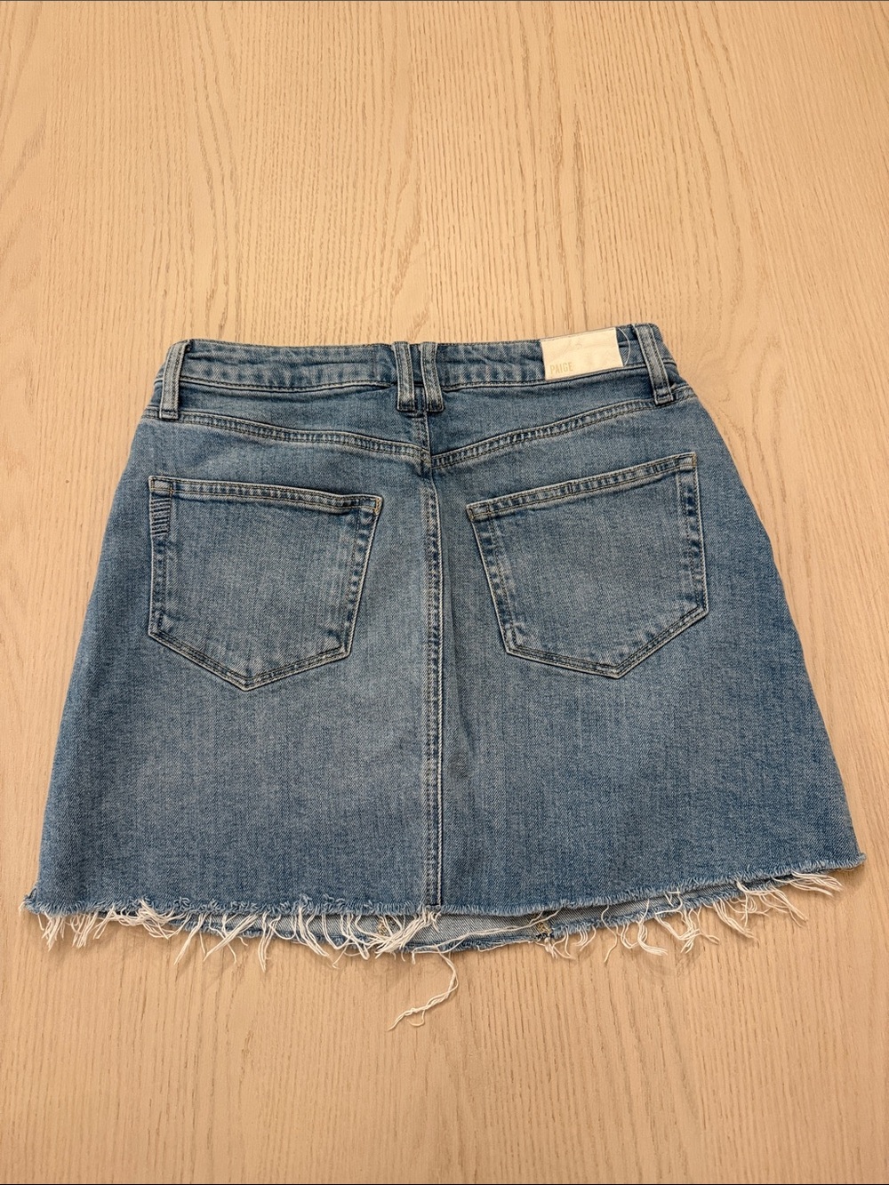 PAIGE high rise  Blue Denim A-Line Mini Skirt with Frayed Hem - Picture 3 of 3